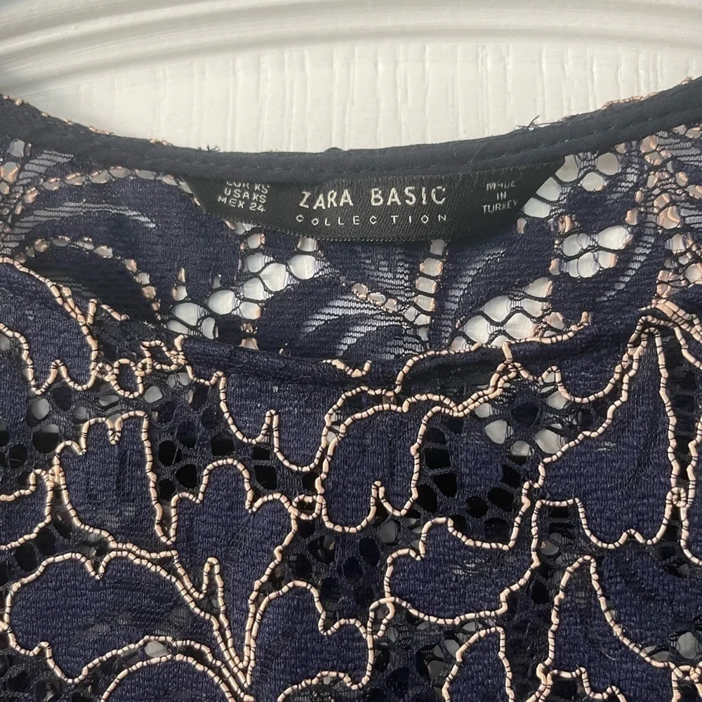 Zara Basics Collection Navy Blue Lace Short Sleeve Sheer Top - Picture 2 of 5